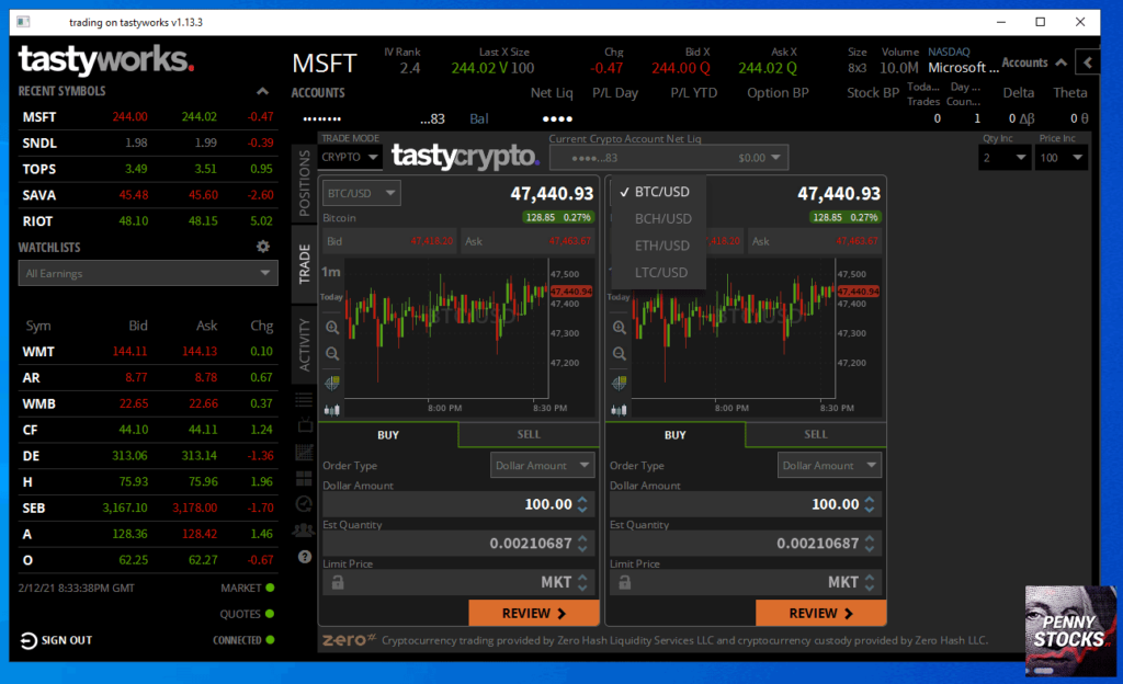 Criptomonedas en la plataforma Tastyworks