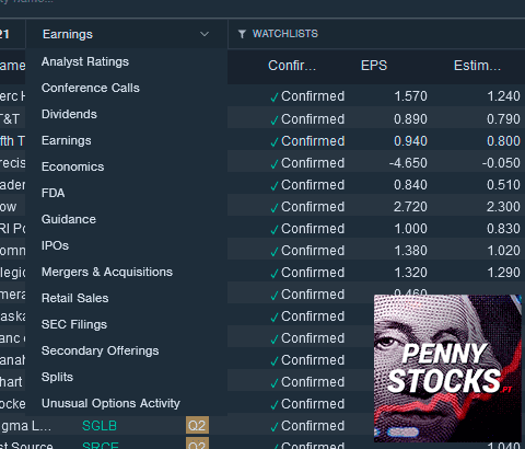 Calendario en Benzinga Pro