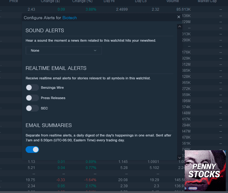 Watchlists en Benzinga Pro